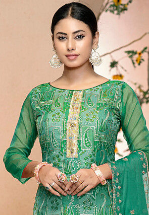 Digital Printed Organza Pakistani Suit in Teal Green