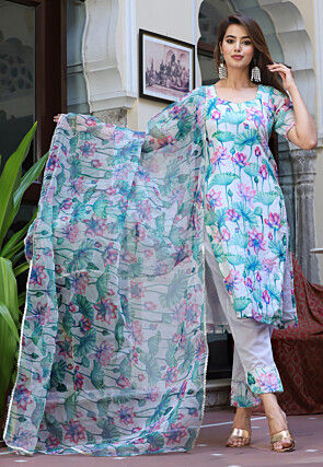 Digital Printed Organza Pakistani Suit in White