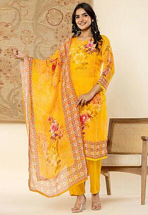 Digital Printed Organza Pakistani Suit in Yellow