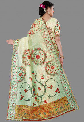 Digital Printed Organza Saree in Beige and Red