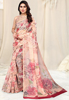 Digital Printed Organza Saree in Beige