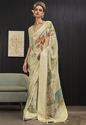 Digital Printed Organza Saree in Beige