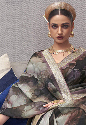 Digital Printed Organza Saree in Black