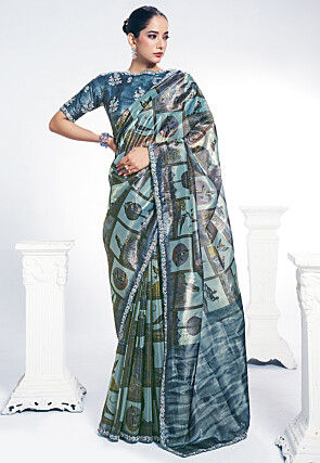 Digital Printed Organza Saree in Blue
