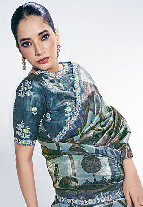 Digital Printed Organza Saree in Blue