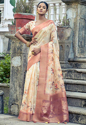 Digital Printed Organza Saree in Cream and Peach