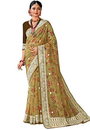 Digital Printed Organza Saree in Dusty Green