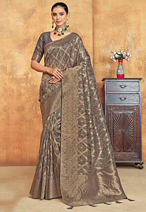 Digital Printed Organza Saree in Grey and Golden