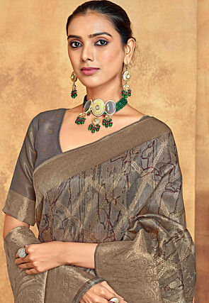 Digital Printed Organza Saree in Grey and Golden