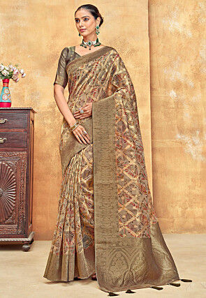 Digital Printed Organza Saree in Grey and Golden