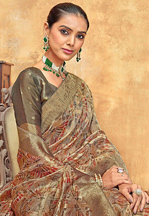 Digital Printed Organza Saree in Grey and Golden