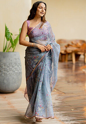 Digital Printed Organza Saree in Grey