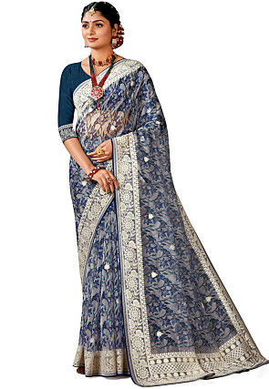 Digital Printed Organza Saree in Grey