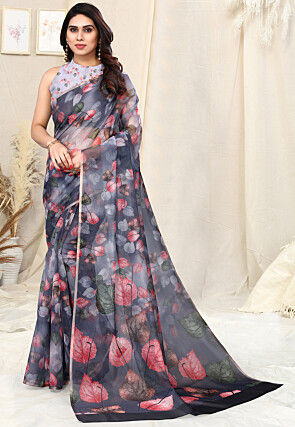 Digital Printed Organza Saree in Grey