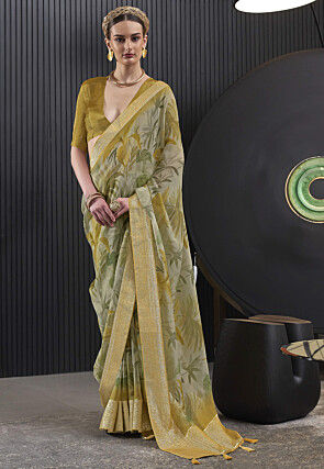 Digital Printed Organza Saree in Grey