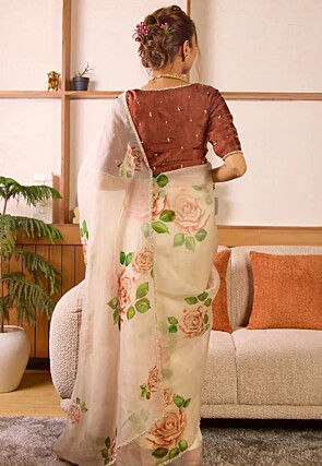 Digital Printed Organza Saree in Light Beige