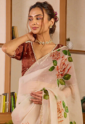 Digital Printed Organza Saree in Light Beige
