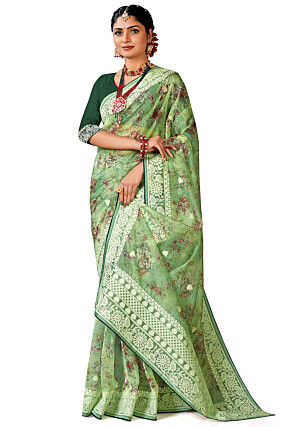 Digital Printed Organza Saree in Light Green