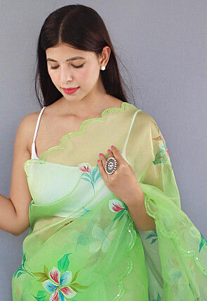 Hant Painted Organza Saree in Light Green