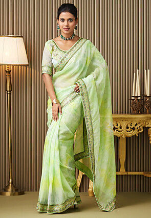 Digital Printed Organza Saree in Light Green