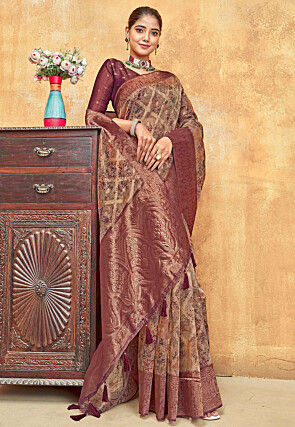 Digital Printed Organza Saree in Maroon and Golden