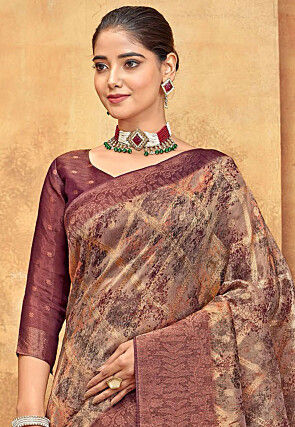 Digital Printed Organza Saree in Maroon and Golden