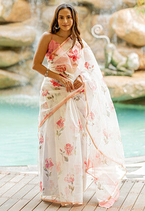 Digital Printed Organza Saree in Off White