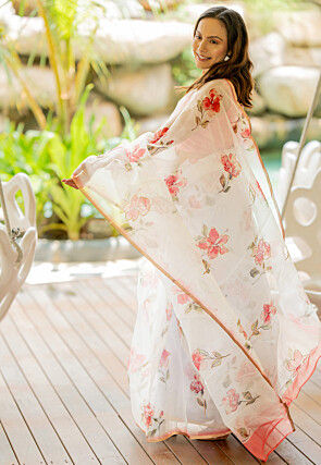 Digital Printed Organza Saree in Off White