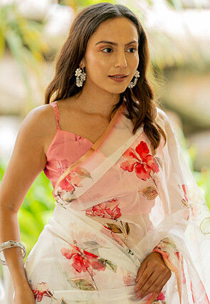 Digital Printed Organza Saree in Off White