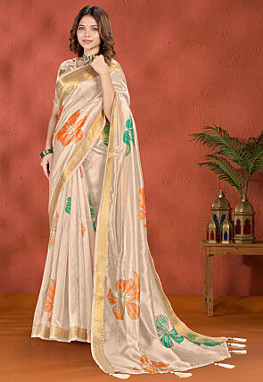 Digital Printed Organza Saree in Off White