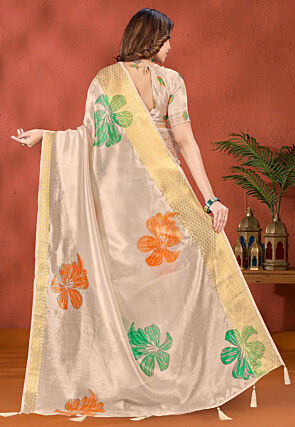 Digital Printed Organza Saree in Off White