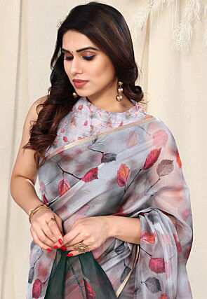 Digital Printed Organza Saree in Off White