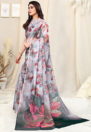 Digital Printed Organza Saree in Off White