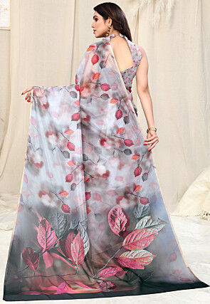 Digital Printed Organza Saree in Off White