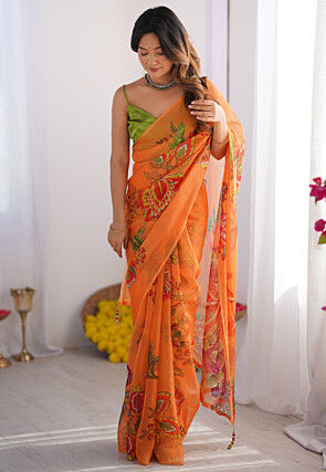 Digital Printed Organza Saree in Orange