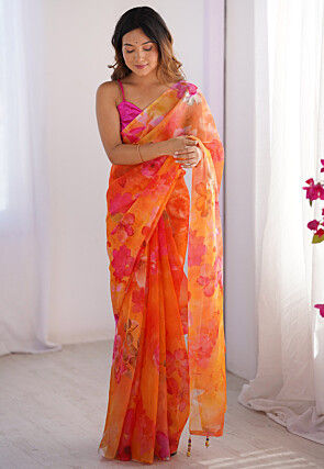 Digital Printed Organza Saree in Orange