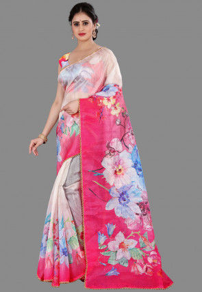 Digital Printed Organza Saree in Peach and Pink