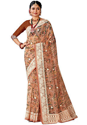 Digital Printed Organza Saree in Peach
