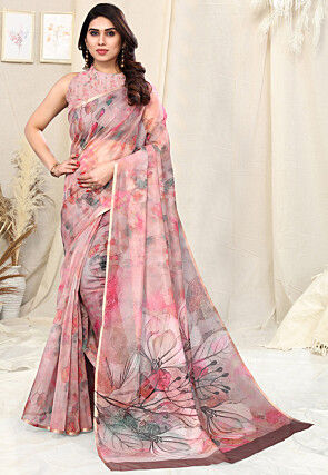 Digital Printed Organza Saree in Peach