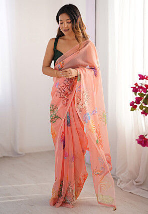 Digital Printed Organza Saree in Peach