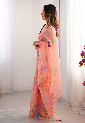 Digital Printed Organza Saree in Peach