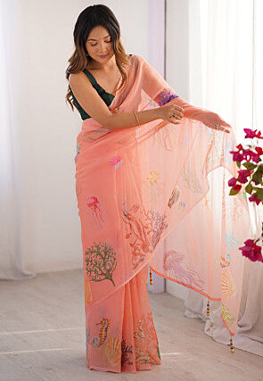 Digital Printed Organza Saree in Peach