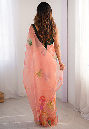 Digital Printed Organza Saree in Peach
