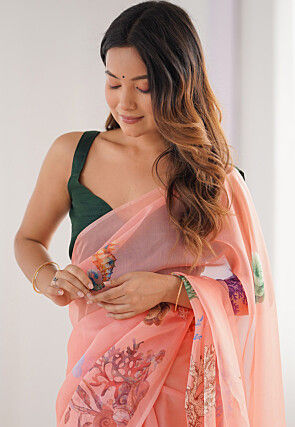 Digital Printed Organza Saree in Peach
