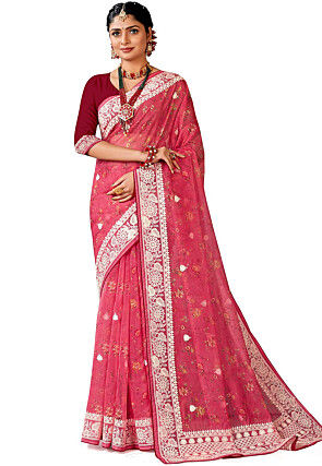 Digital Printed Organza Saree in Pink