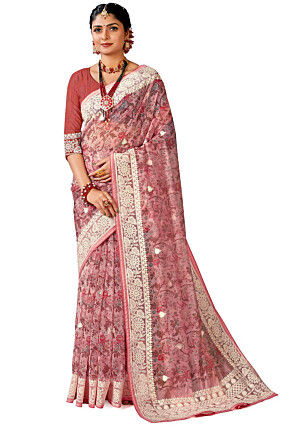 Digital Printed Organza Saree in Pink