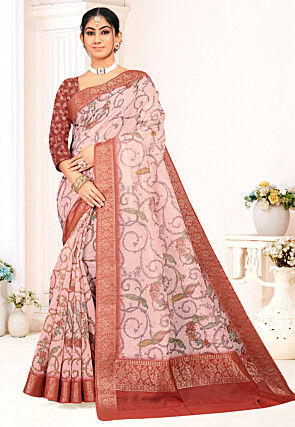 Digital Printed Organza Saree in Pink