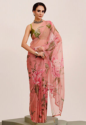 Digital Printed Organza Saree in Pink