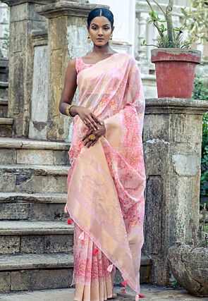 Digital Printed Organza Saree in Pink