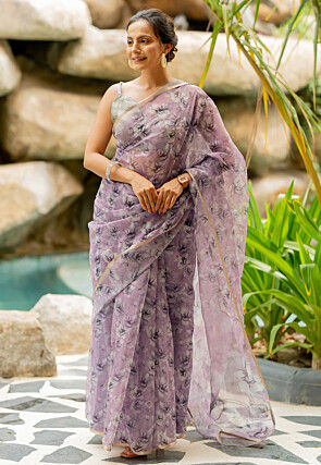 Digital Printed Organza Saree in Purple